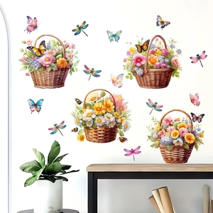 Detailed view of floral basket wall stickers with butterflies in a cozy living room scene