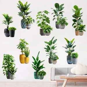 Detail of 3D green plant wall stickers showing various potted leaf textures and patterns