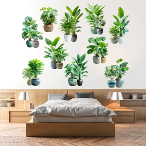 Detail of 3D tropical potted plant wall stickers in a modern minimalist bedroom setting