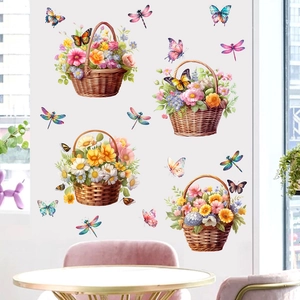 Floral wall decal set with colorful flower baskets butterflies and dragonflies for home decor