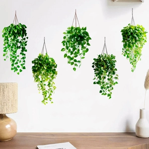 Five-piece set of hanging green plant wall stickers for home decor on white background