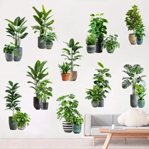 Detail showing various 3D green plant wall stickers including Monstera and Fiddle Leaf Fig