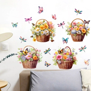 Detailed wall sticker showing watercolor flower baskets with butterflies and dragonflies