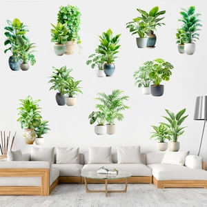 Detail showing self-adhesive 3D tropical plant wall stickers with hand-painted potted design