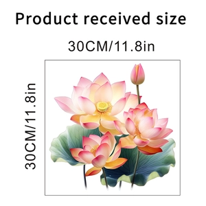 Détail du sticker mural lotus rose avec feuilles vertes et dimensions de 30 cm