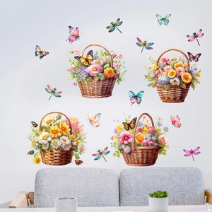 Detailed watercolor flower baskets with butterflies and dragonflies on a white wall