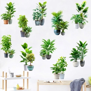 Detailed 3D wall stickers featuring various green potted plants in modern home settings