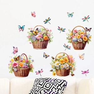 Floral basket wall stickers with colorful butterflies and dragonflies on a white wall