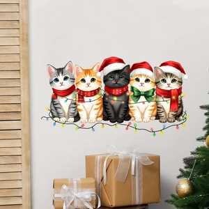 Christmas cat wall stickers with festive hats and lights for home holiday window decoration