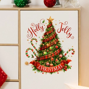 Dettaglio dell'adesivo murale albero di Natale con testo Holly Jolly su mobile bianco