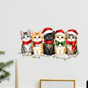 Christmas cat wall stickers with kittens in festive hats and colorful holiday lights