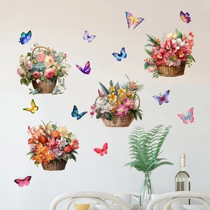 Floral basket and butterfly wall stickers applied in a bright living room setting