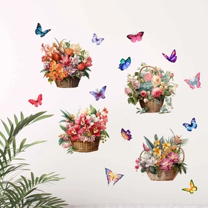 Close-up of waterproof floral wall decals with colorful roses and woven baskets