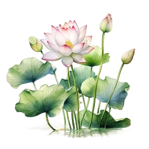 Sticker mural détail lotus à l'aquarelle avec pétales roses et feuilles vertes