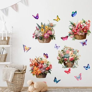 Detailed wall sticker set featuring colorful flower baskets and vibrant butterflies