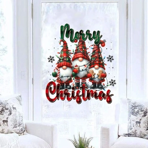 Christmas gnomes window stickers with Merry Christmas greeting and festive holiday lights