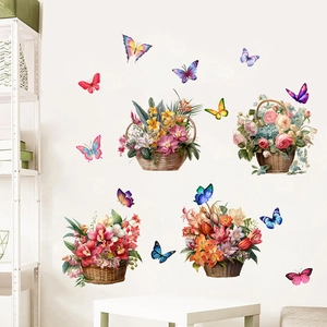 Waterproof flower basket wall stickers with colorful butterflies for home living room decor