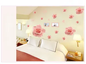 Detailed realistic pink rose wall stickers with butterfly accents for bedroom decoration