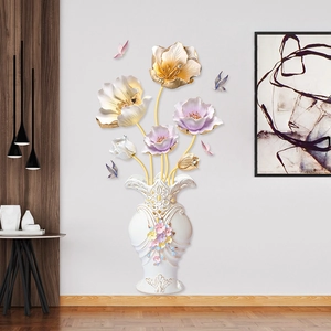 3D-Wandaufkleber mit geprägter Vase, bunten Blumen und fliegenden lila Schmetterlingen