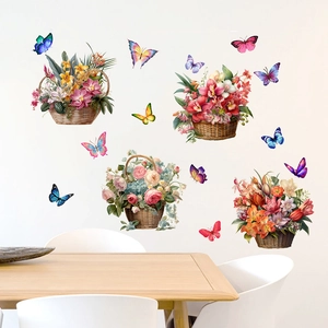 Detail of floral wall stickers with baskets and butterflies in a cozy dining room