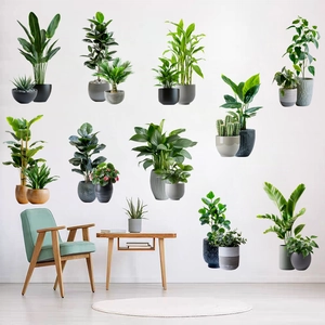3D realistic tropical green plant wall stickers featuring fiddle leaf fig and cactus