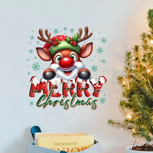 Nahaufnahme von Cartoon-Rentier-Weihnachtsaufkleber mit Merry Christmas Glitzertext