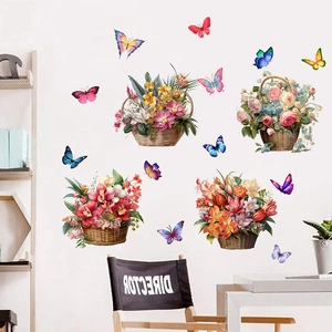 Macro detail of waterproof floral wall stickers with butterflies and flower baskets