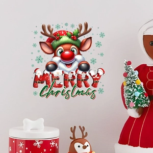 Nahaufnahme eines süßen Rentier-Weihnachtsaufklebers mit Merry Christmas Schriftzug