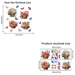Detailed size chart showing 30x90cm layout and 90x90cm finished floral wall sticker effect