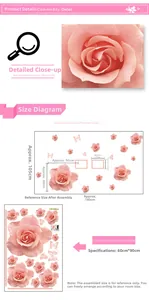 Detailed view of pink rose wall stickers with butterfly accents and layout measurements