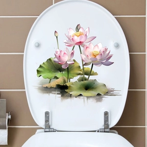 Gros plan d'autocollants lotus rose aquarelle imperméables sur un couvercle de WC blanc