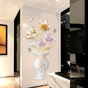 3D Wandtattoo mit weißer Reliefvase, lila Blumen und blauen Schmetterlingen für Wände