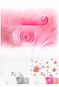 Detail of pink rose and butterfly wall stickers applied to a bedroom wall for decoration