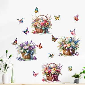 Detailed view of floral basket wall decals with colorful butterflies and watercolor roses