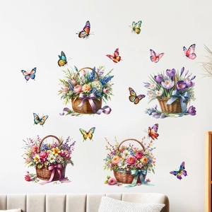 Close-up of waterproof floral basket wall stickers with butterflies in a modern living room