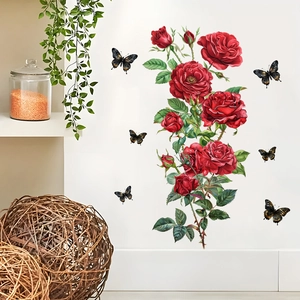Detail of red rose and black-gold butterfly self-adhesive waterproof wall stickers
