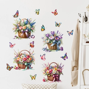 Detailed watercolor flower baskets and butterflies wall stickers on white wall