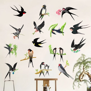 Cartoon swallow wall stickers with floral branches for living room home decoration