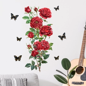 Red rose and butterfly wall stickers for living room decor on white wall background