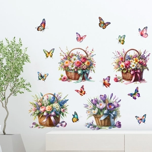 Detailed view of 4 floral baskets and butterflies wall stickers for living room decor