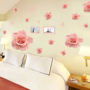 Pink rose and butterfly self-adhesive wall stickers for romantic bedroom home decoration
