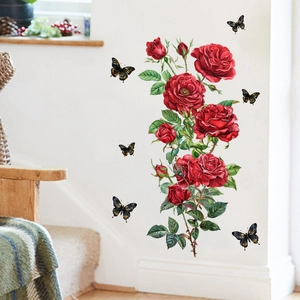 Self-adhesive red rose wall stickers with golden butterflies for home decoration