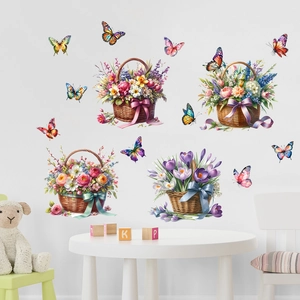 Detailed wall sticker showing colorful flower baskets and butterflies in a cozy room