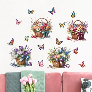 Detail of floral wall decals featuring flower baskets and colorful butterflies in a living room