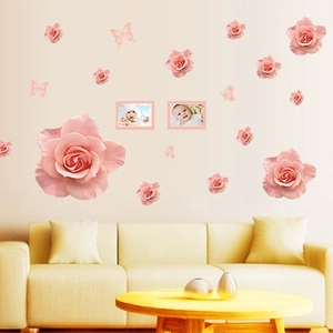 Romantic pink rose and butterfly wall stickers for bedroom home decoration decor