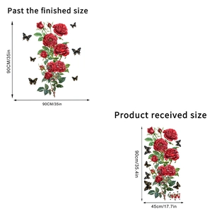 Self-adhesive red rose wall sticker with black butterflies, 90x90cm finished size layout
