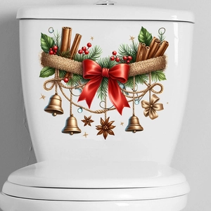Adesivo murale ghirlanda di Natale con fiocco rosso, campane d'oro e aghi di pino decor