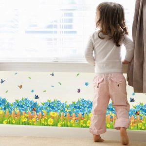 Garden style wall sticker with blue yellow flowers and wooden fence for home decoration