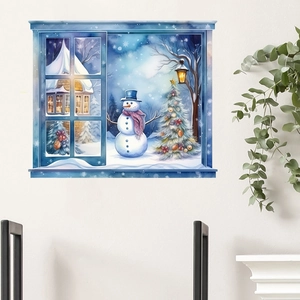 3D snowman window wall sticker with snowy Christmas tree and winter landscape scene