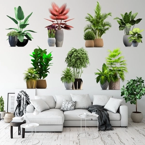 Tropical green potted plants wall stickers for living room and bedroom waterproof decoration